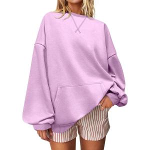 UEU Women Oversized Striped Crewneck Sweatshirt Long Sleeve Color Block Pullover Tops Casual Loose Workout Clothes(Light Purple Pink)