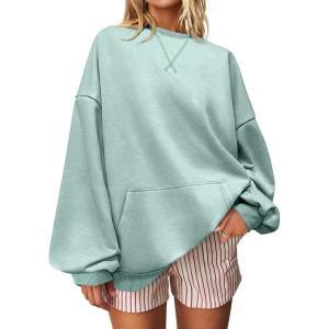 UEU Women Oversized Striped Crewneck Sweatshirt Long Sleeve Color Block Pullover Tops Casual Loose Workout Clothes(Lightgray Blue)