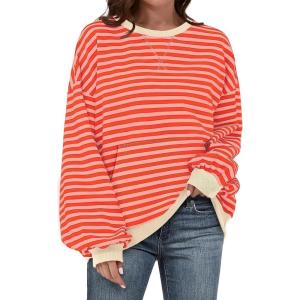 UEU Women Oversized Striped Crewneck Sweatshirt Long Sleeve Color Block Pullover Tops Casual Loose Workout Clothes(Orangepink Striped)