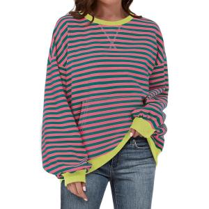 UEU Women Oversized Striped Crewneck Sweatshirt Long Sleeve Color Block Pullover Tops Casual Loose Workout Clothes(Pinkgreen Striped)
