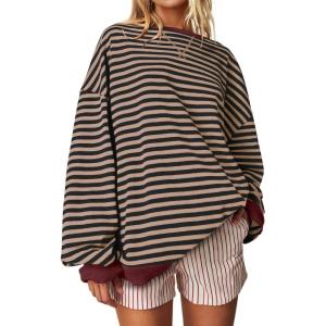 UEU Women Oversized Striped Crewneck Sweatshirt Long Sleeve Color Block Pullover Tops Casual Loose Workout Shirt(Black Coffee Stripe)