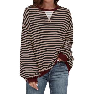 UEU Women Oversized Striped Crewneck Sweatshirt Long Sleeve Color Block Pullover Tops Casual Loose Workout Shirt(Black Coffee Striped)