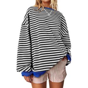 UEU Women Oversized Striped Crewneck Sweatshirt Long Sleeve Color Block Pullover Tops Casual Loose Workout Shirt(Black Stripe)