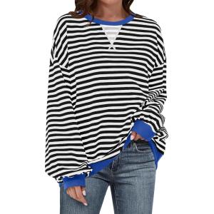 UEU Women Oversized Striped Crewneck Sweatshirt Long Sleeve Color Block Pullover Tops Casual Loose Workout Shirt(Black Striped)