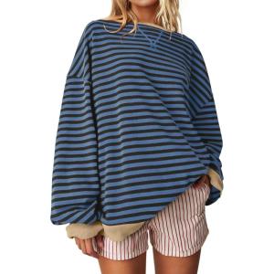 UEU Women Oversized Striped Crewneck Sweatshirt Long Sleeve Color Block Pullover Tops Casual Loose Workout Shirt(Blackblue Striped)