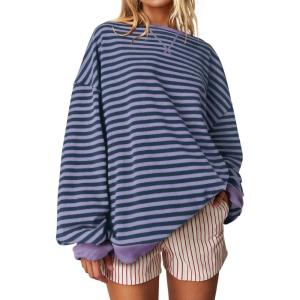 UEU Women Oversized Striped Crewneck Sweatshirt Long Sleeve Color Block Pullover Tops Casual Loose Workout Shirt(Blue Purple Stripe)