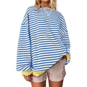 UEU Women Oversized Striped Crewneck Sweatshirt Long Sleeve Color Block Pullover Tops Casual Loose Workout Shirt(Blue Stripe)