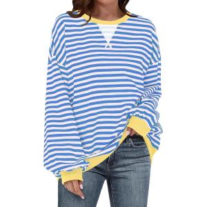 UEU Women Oversized Striped Crewneck Sweatshirt Long Sleeve Color Block Pullover Tops Casual Loose Workout Shirt(Blue Striped)