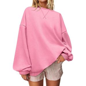 UEU Women Oversized Striped Crewneck Sweatshirt Long Sleeve Color Block Pullover Tops Casual Loose Workout Shirt(Bright Pink)