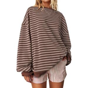 UEU Women Oversized Striped Crewneck Sweatshirt Long Sleeve Color Block Pullover Tops Casual Loose Workout Shirt(Brown Coffee Stripe)