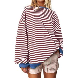 UEU Women Oversized Striped Crewneck Sweatshirt Long Sleeve Color Block Pullover Tops Casual Loose Workout Shirt(Coffee Stripe)