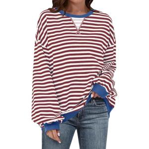 UEU Women Oversized Striped Crewneck Sweatshirt Long Sleeve Color Block Pullover Tops Casual Loose Workout Shirt(Coffee Striped)
