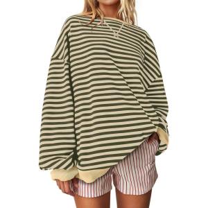 UEU Women Oversized Striped Crewneck Sweatshirt Long Sleeve Color Block Pullover Tops Casual Loose Workout Shirt(Darkgreenapricot Striped)