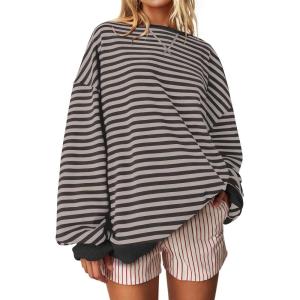 UEU Women Oversized Striped Crewneck Sweatshirt Long Sleeve Color Block Pullover Tops Casual Loose Workout Shirt(Gray Stripe)