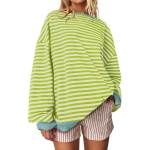 UEU Women Oversized Striped Crewneck Sweatshirt Long Sleeve Color Block Pullover Tops Casual Loose Workout Shirt(Green Apricot Stripe)