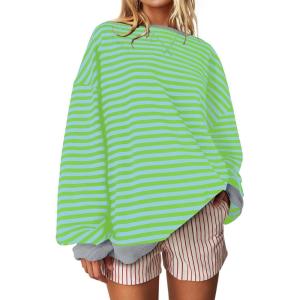 UEU Women Oversized Striped Crewneck Sweatshirt Long Sleeve Color Block Pullover Tops Casual Loose Workout Shirt(Green Blue Striped)