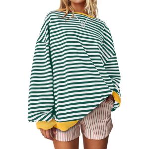 UEU Women Oversized Striped Crewneck Sweatshirt Long Sleeve Color Block Pullover Tops Casual Loose Workout Shirt(Green Stripe)