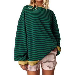 UEU Women Oversized Striped Crewneck Sweatshirt Long Sleeve Color Block Pullover Tops Casual Loose Workout Shirt(Greennavy Striped)