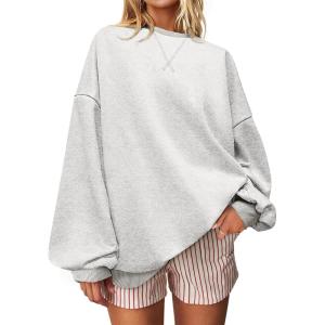 UEU Women Oversized Striped Crewneck Sweatshirt Long Sleeve Color Block Pullover Tops Casual Loose Workout Shirt(Heather Light Gray)
