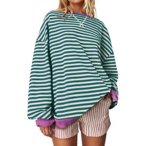 UEU Women Oversized Striped Crewneck Sweatshirt Long Sleeve Color Block Pullover Tops Casual Loose Workout Shirt(Malachite Green Stripe)