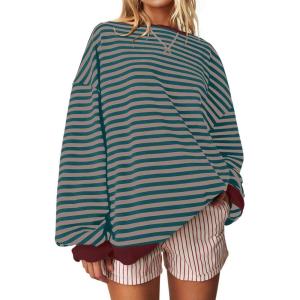 UEU Women Oversized Striped Crewneck Sweatshirt Long Sleeve Color Block Pullover Tops Casual Loose Workout Shirt(Malachitegreen Coffee Striped)