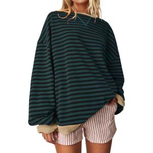 UEU Women Oversized Striped Crewneck Sweatshirt Long Sleeve Color Block Pullover Tops Casual Loose Workout Shirt(Malachitegreenblackstriped)