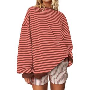 UEU Women Oversized Striped Crewneck Sweatshirt Long Sleeve Color Block Pullover Tops Casual Loose Workout Shirt(Orange Coffee Stripe)