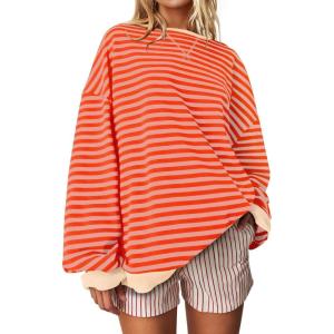 UEU Women Oversized Striped Crewneck Sweatshirt Long Sleeve Color Block Pullover Tops Casual Loose Workout Shirt(Orange Pink Stripe)