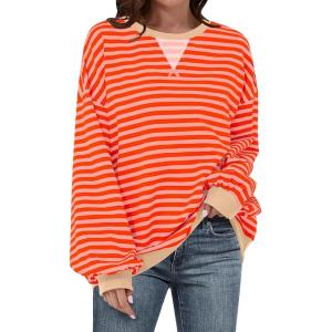 UEU Women Oversized Striped Crewneck Sweatshirt Long Sleeve Color Block Pullover Tops Casual Loose Workout Shirt(Orange Pink Striped)