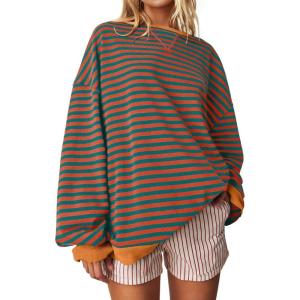 UEU Women Oversized Striped Crewneck Sweatshirt Long Sleeve Color Block Pullover Tops Casual Loose Workout Shirt(Orangegreen Striped)