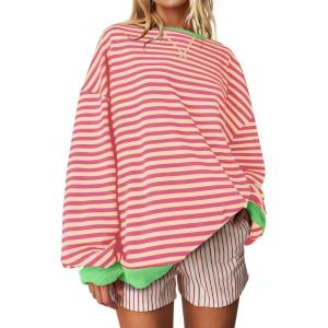 UEU Women Oversized Striped Crewneck Sweatshirt Long Sleeve Color Block Pullover Tops Casual Loose Workout Shirt(Pink Apricot Stripe)