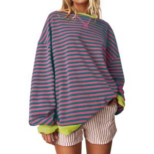 UEU Women Oversized Striped Crewneck Sweatshirt Long Sleeve Color Block Pullover Tops Casual Loose Workout Shirt(Pink Green Stripe)