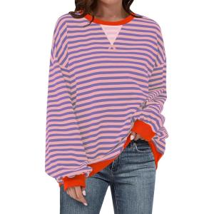 UEU Women Oversized Striped Crewneck Sweatshirt Long Sleeve Color Block Pullover Tops Casual Loose Workout Shirt(Pink Purple Striped)