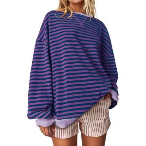 UEU Women Oversized Striped Crewneck Sweatshirt Long Sleeve Color Block Pullover Tops Casual Loose Workout Shirt(Purple Stripe)