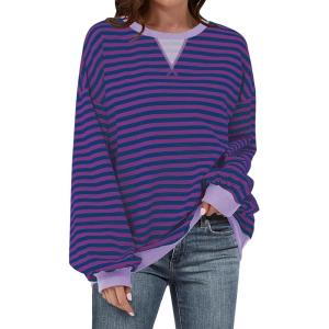 UEU Women Oversized Striped Crewneck Sweatshirt Long Sleeve Color Block Pullover Tops Casual Loose Workout Shirt(Purple Striped)