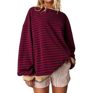 UEU Women Oversized Striped Crewneck Sweatshirt Long Sleeve Color Block Pullover Tops Casual Loose Workout Shirt(Red Navy Stripe)
