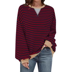 UEU Women Oversized Striped Crewneck Sweatshirt Long Sleeve Color Block Pullover Tops Casual Loose Workout Shirt(Red Navy Striped)