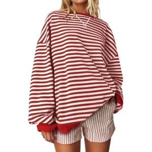 UEU Women Oversized Striped Crewneck Sweatshirt Long Sleeve Color Block Pullover Tops Casual Loose Workout Shirt(Red Stripe)