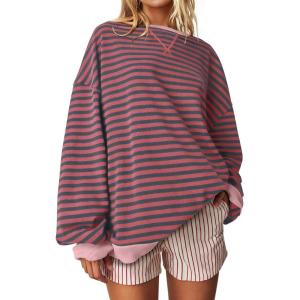 UEU Women Oversized Striped Crewneck Sweatshirt Long Sleeve Color Block Pullover Tops Casual Loose Workout Shirt(Restredgrayt Striped)