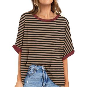 UEU Women Oversized T-Shirt Summer Casual Loose Fit Short Sleeve Basic Tops Workout Gym Tee Shirt(Black Coffee Striped)