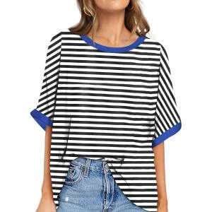 UEU Women Oversized T-Shirt Summer Casual Loose Fit Short Sleeve Basic Tops Workout Gym Tee Shirt(Black Striped)