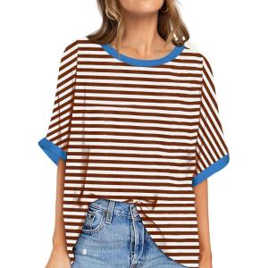 UEU Women Oversized T-Shirt Summer Casual Loose Fit Short Sleeve Basic Tops Workout Gym Tee Shirt(Coffee Striped)