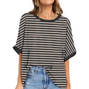 UEU Women Oversized T-Shirt Summer Casual Loose Fit Short Sleeve Basic Tops Workout Gym Tee Shirt(Gray Striped)