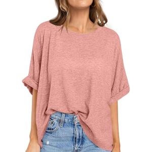 UEU Women Oversized T-Shirt Summer Casual Loose Fit Short Sleeve Basic Tops Workout Gym Tee Shirt(Heather Pink)