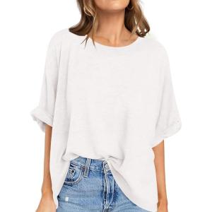 UEU Women Oversized T-Shirt Summer Casual Loose Fit Short Sleeve Basic Tops Workout Gym Tee Shirt(Milky White)