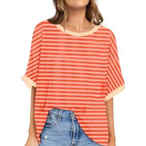 UEU Women Oversized T-Shirt Summer Casual Loose Fit Short Sleeve Basic Tops Workout Gym Tee Shirt(Orange Pink Striped)