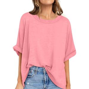 UEU Women Oversized T-Shirt Summer Casual Loose Fit Short Sleeve Basic Tops Workout Gym Tee Shirt(Peach Pink)