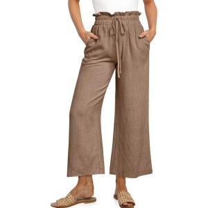 UEU Women’s Linen Capris Wide Leg Ruffle High Waisted Pants Casual Drawstring Summer Loose Capri Pants with Pockets(Dark Khaki)