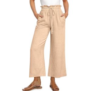 UEU Women’s Linen Capris Wide Leg Ruffle High Waisted Pants Casual Drawstring Summer Loose Capri Pants with Pockets(Khaki)