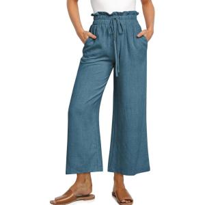 UEU Women’s Linen Capris Wide Leg Ruffle High Waisted Pants Casual Drawstring Summer Loose Capri Pants with Pockets(Lake Blue)